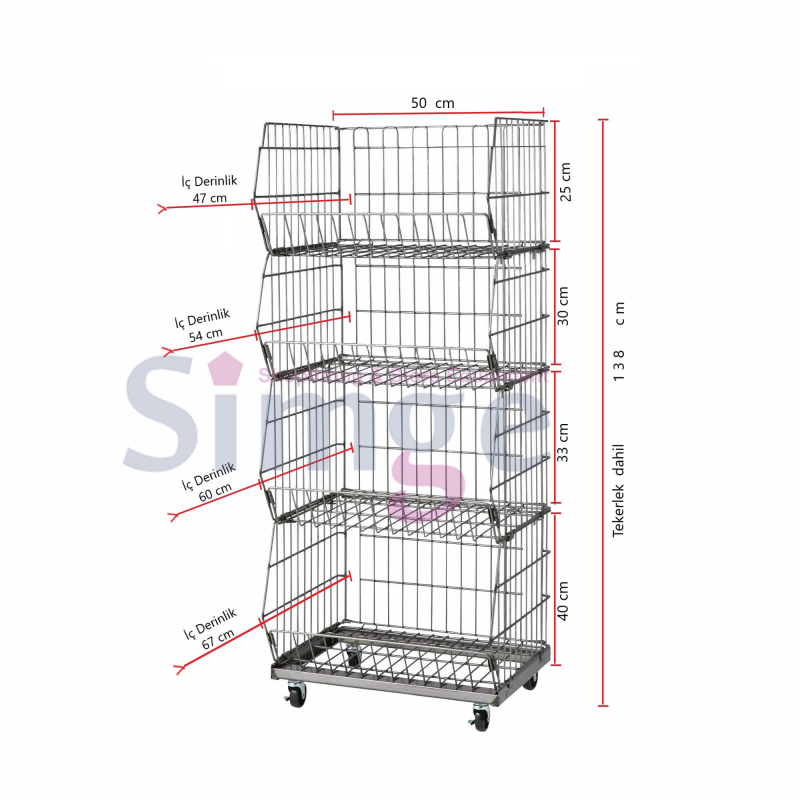 4 Tiers Metal Basket with Wheels, Action Basket