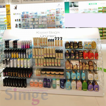 Présentoir de pharmacie moyen avec étagère en verre double face, panneaux et éclairages en aluminium