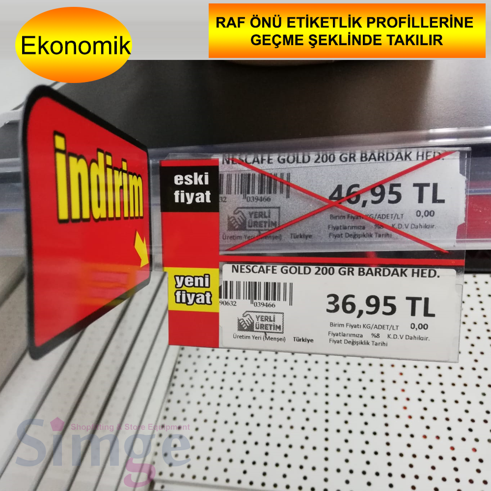 Warning Tab Fitted to the Label Holder in Front of the PVC Discount Shelf